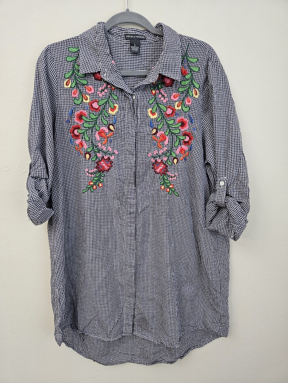 Chelsea & Violet Navy Gingham Dress with Colorful Floral Embroidery Size L
